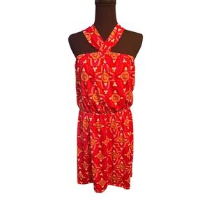 Mud Pie Lela Fanshell Dress Pink Geometric Print Halter Neck  Size L NWT